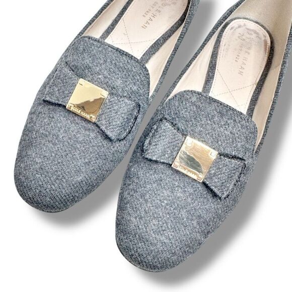Cole Haan Grey Wool Fabric Bow Gold Logo Flat Loafer Flats Women’s Size 7 B - Picture 3 of 6